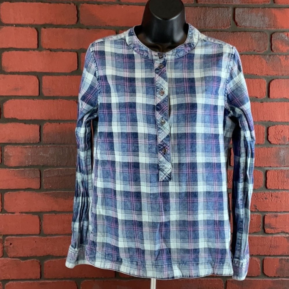 Orvis Shirt Womans Small Blue Plaid Henley‎